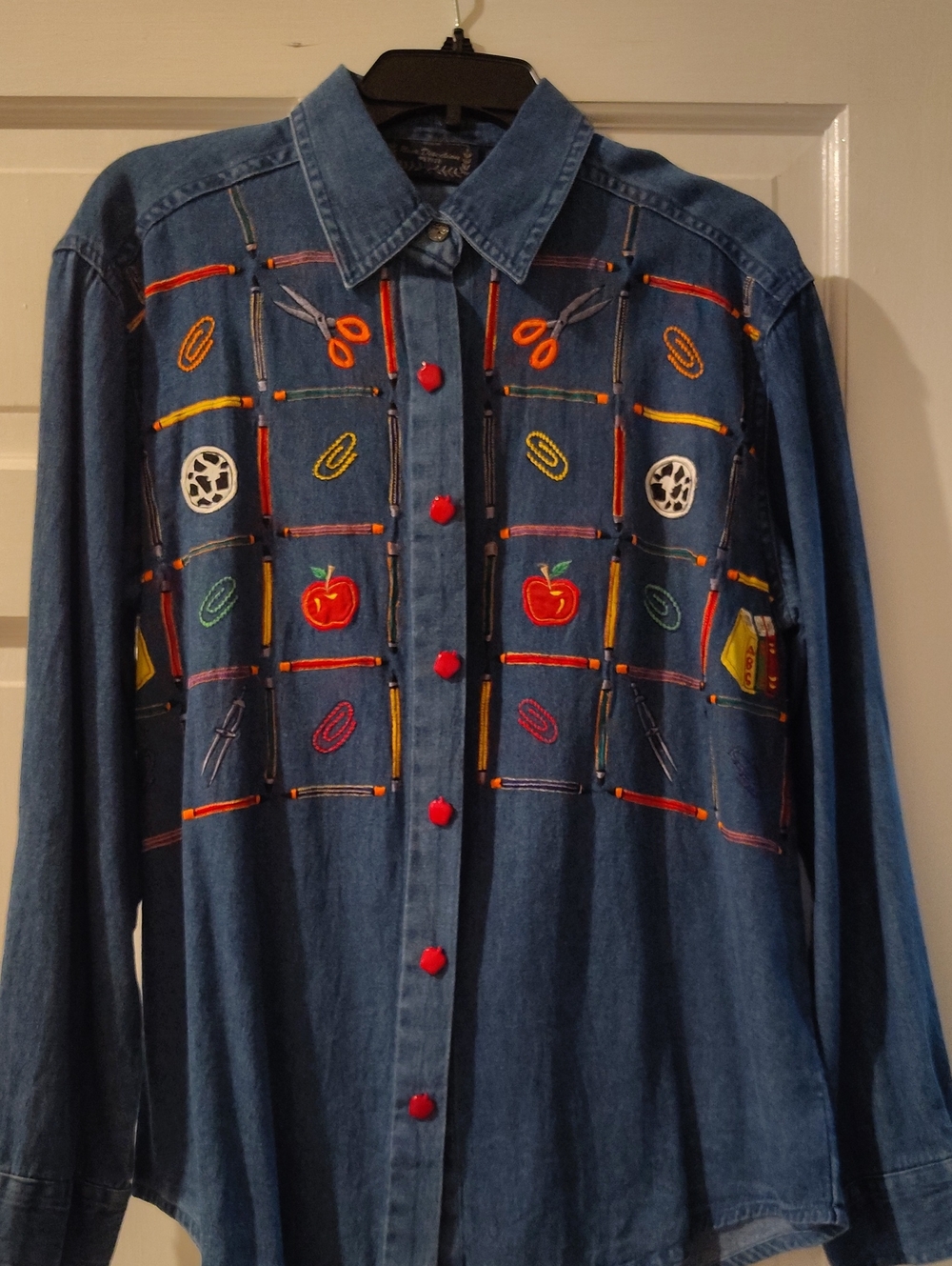 Denim Embroidered Button-Up Shirt with Red Accents